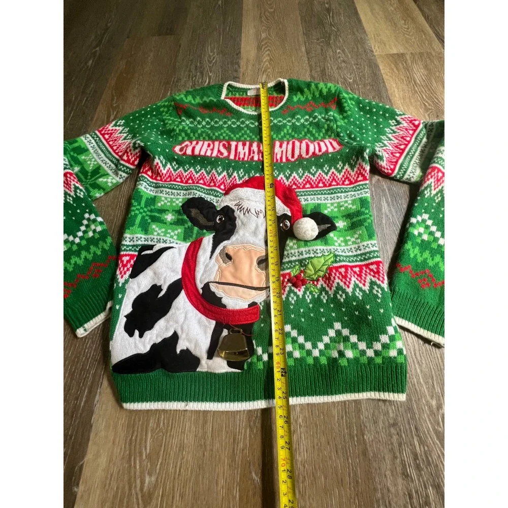 Holiday Time Cow Christmas Moood Sweater Mens Small Green Excellent Cowbell Knit